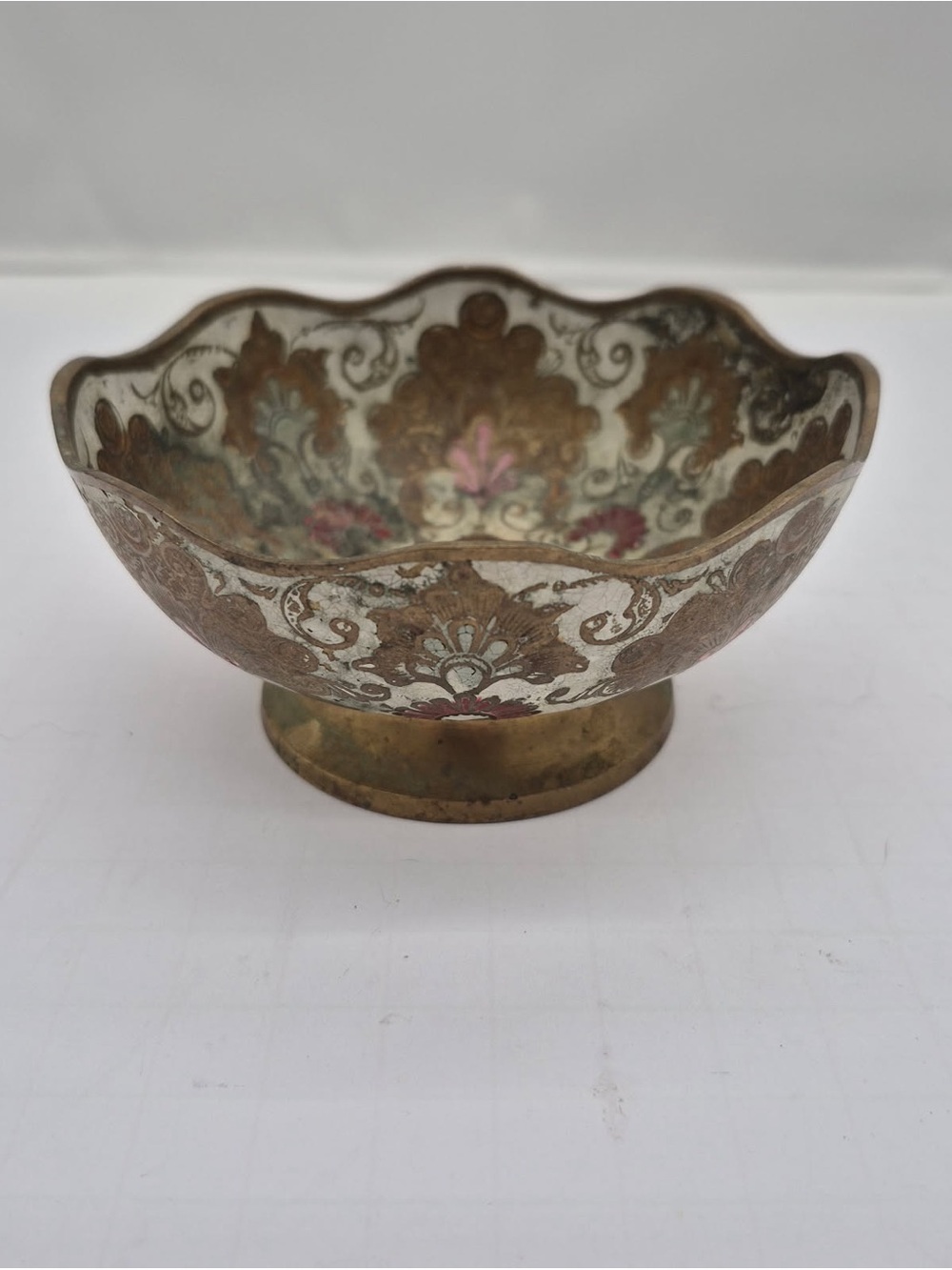 Vtg Brass Enamel Hand Painted Bowl Dish Ornate Embossed Footed Pedestal India